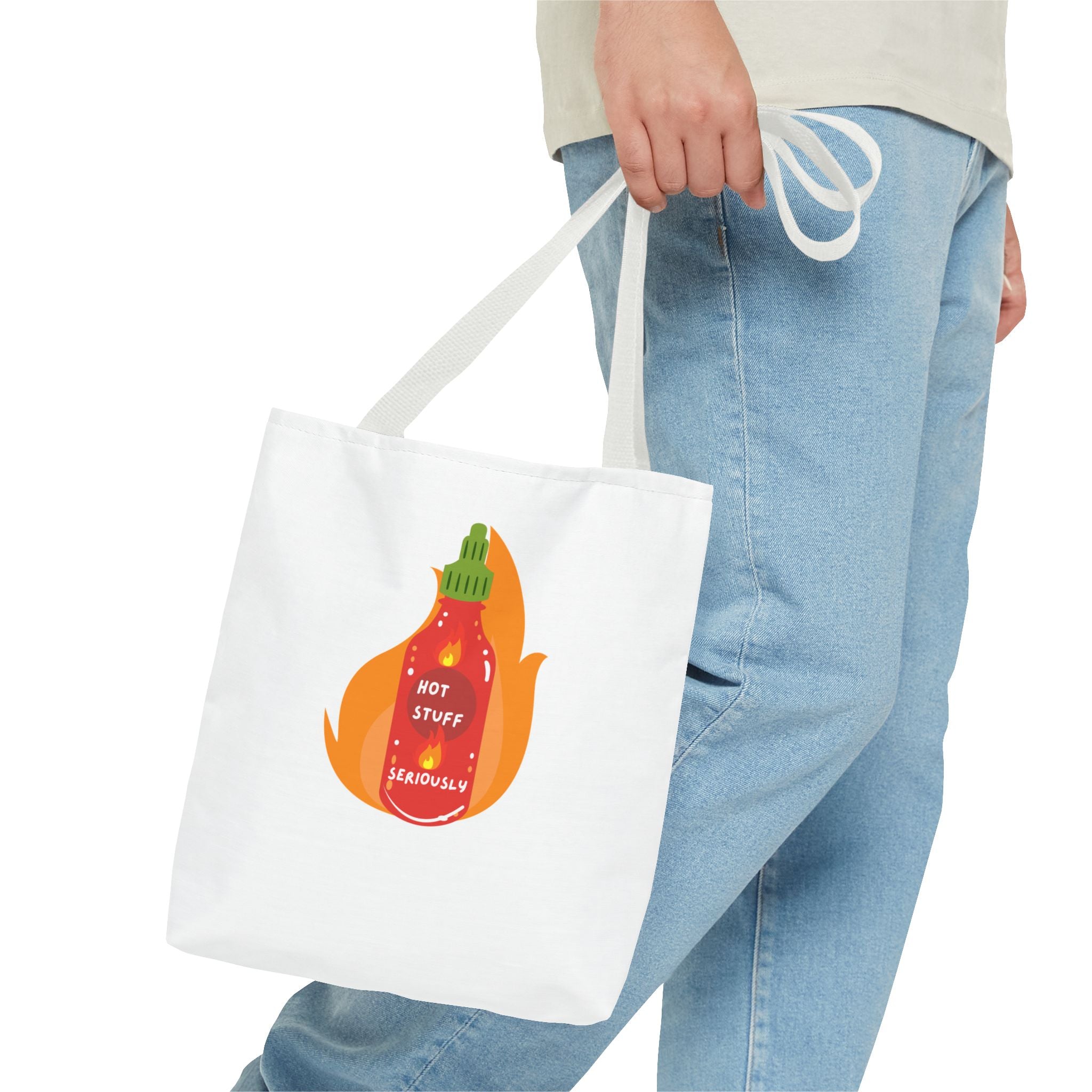 Tote Bag — “Hot Stuff Seriously” Sriracha Hot Sauce Graphic Tote Bag for Everything